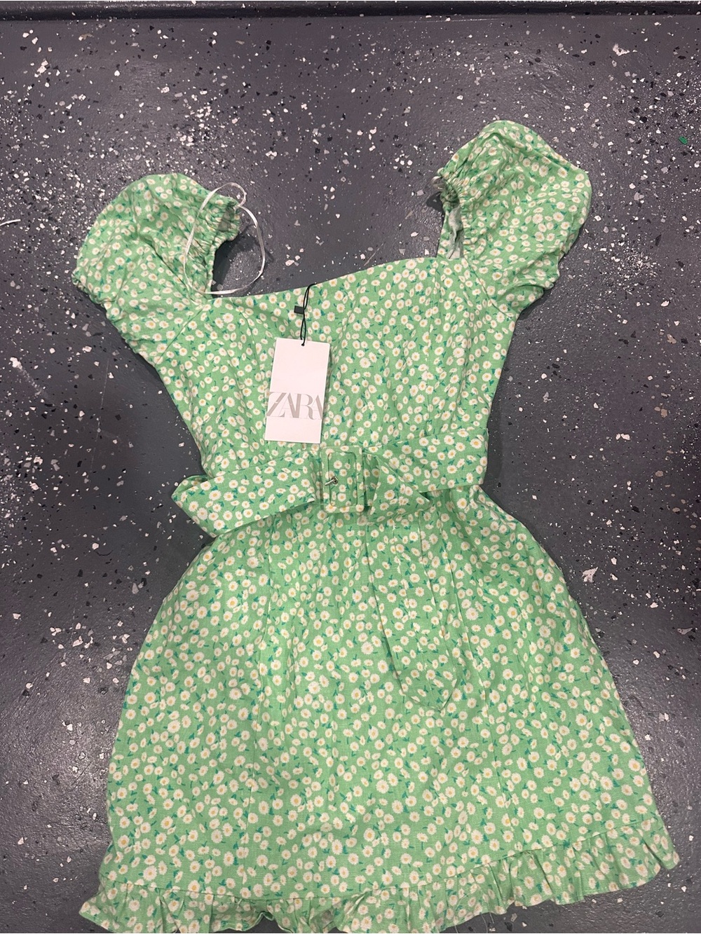 Zara Green Floral Puff-Sleeve Belted Mini Dress